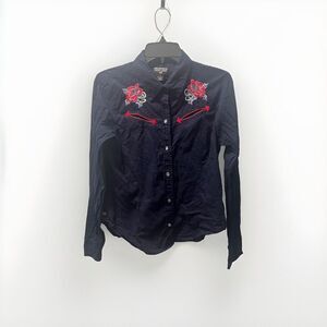 Ralph Lauren Polo Jeans Co Western Embroidered Floral Navy Pearl Snap Button Up